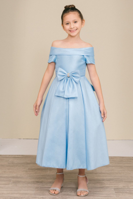 Girls Dress Style 9177 - Sky Blue Off-the-Shoulder Satin Dress with Rhinestone Bow